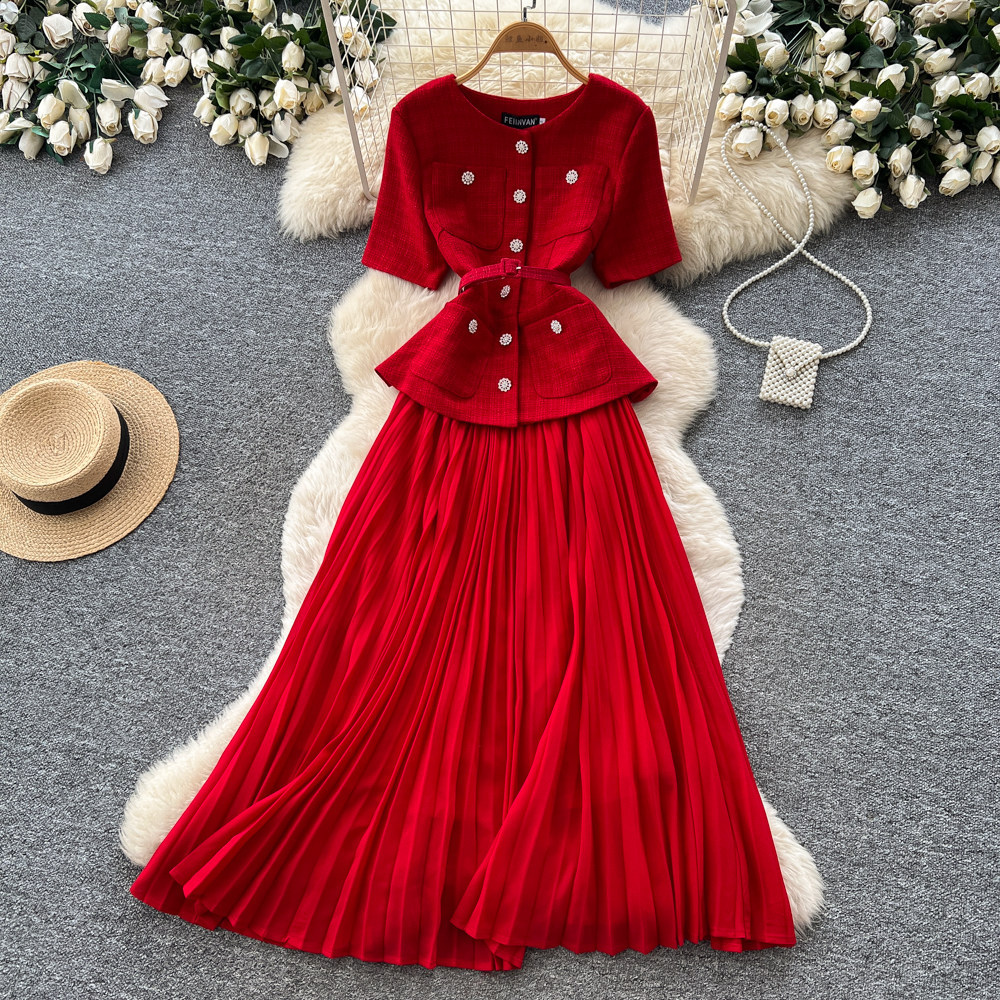 Inspired Pink A-Line Dress Short Sleeved High Waisted Fitted Long Skirt Luxurious Feel Women's Clothing_ecoleips.com