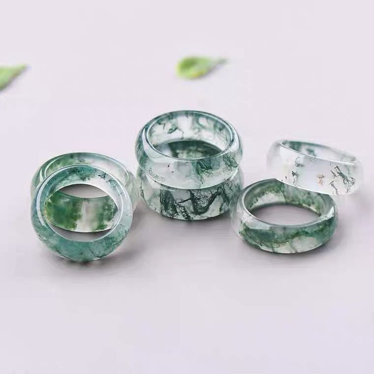 水草玛瑙戒指手持跑环冰种飘花玉髓对戒食指指环情侣草绿戒圈扳指