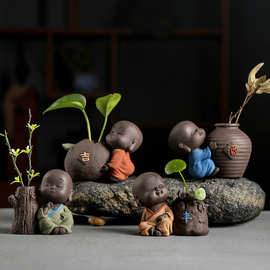 陶瓷禅意小花瓶创意小和尚水培绿萝花器复古茶道个性干花插花摆件