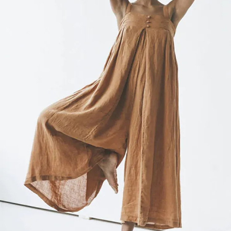 Foreign Trade Independent Station New Amazon European and American Clothing Cotton and Linen Solid Color Large Size Jumpsuit Overalls for Women