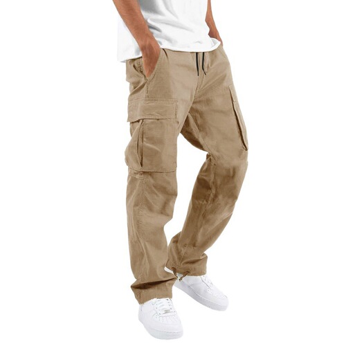 Summer Men's Work Pants with Drawstring and Multiple Pockets, European and American Independent Station, Casual Long Pants