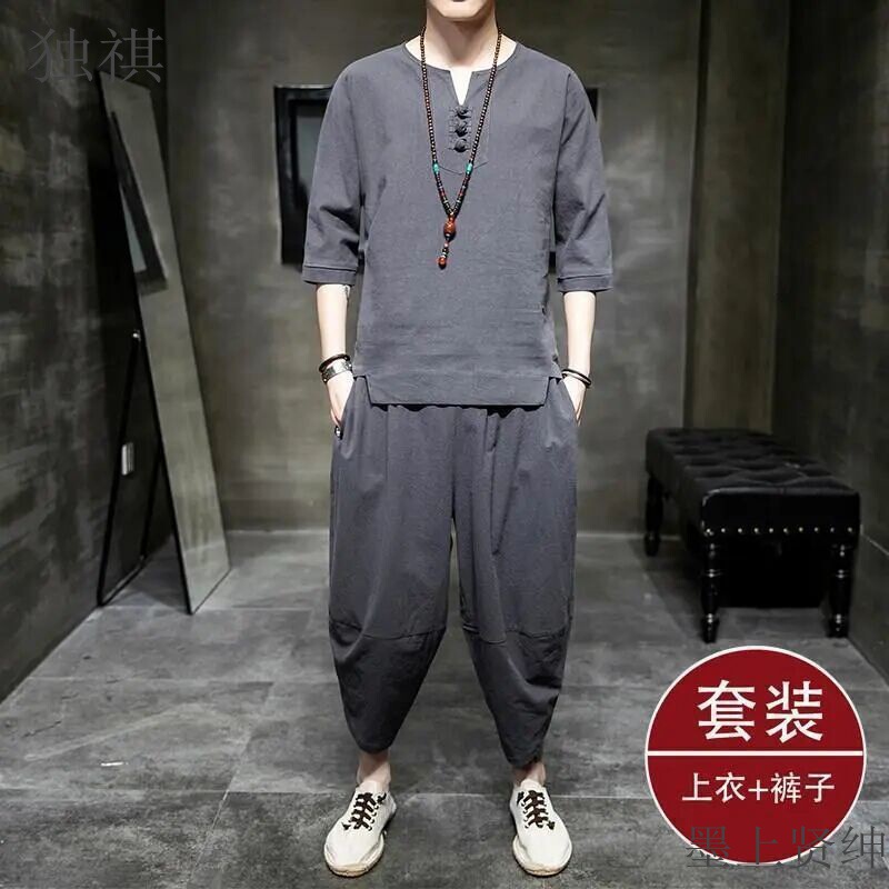 Linen Men's Short-sleeved T-shirt Chinese Style Men's Chinese Style Cotton and Linen suit Summer Buddha Style Tang Suit Hanfu Zen Suit Tea Suit