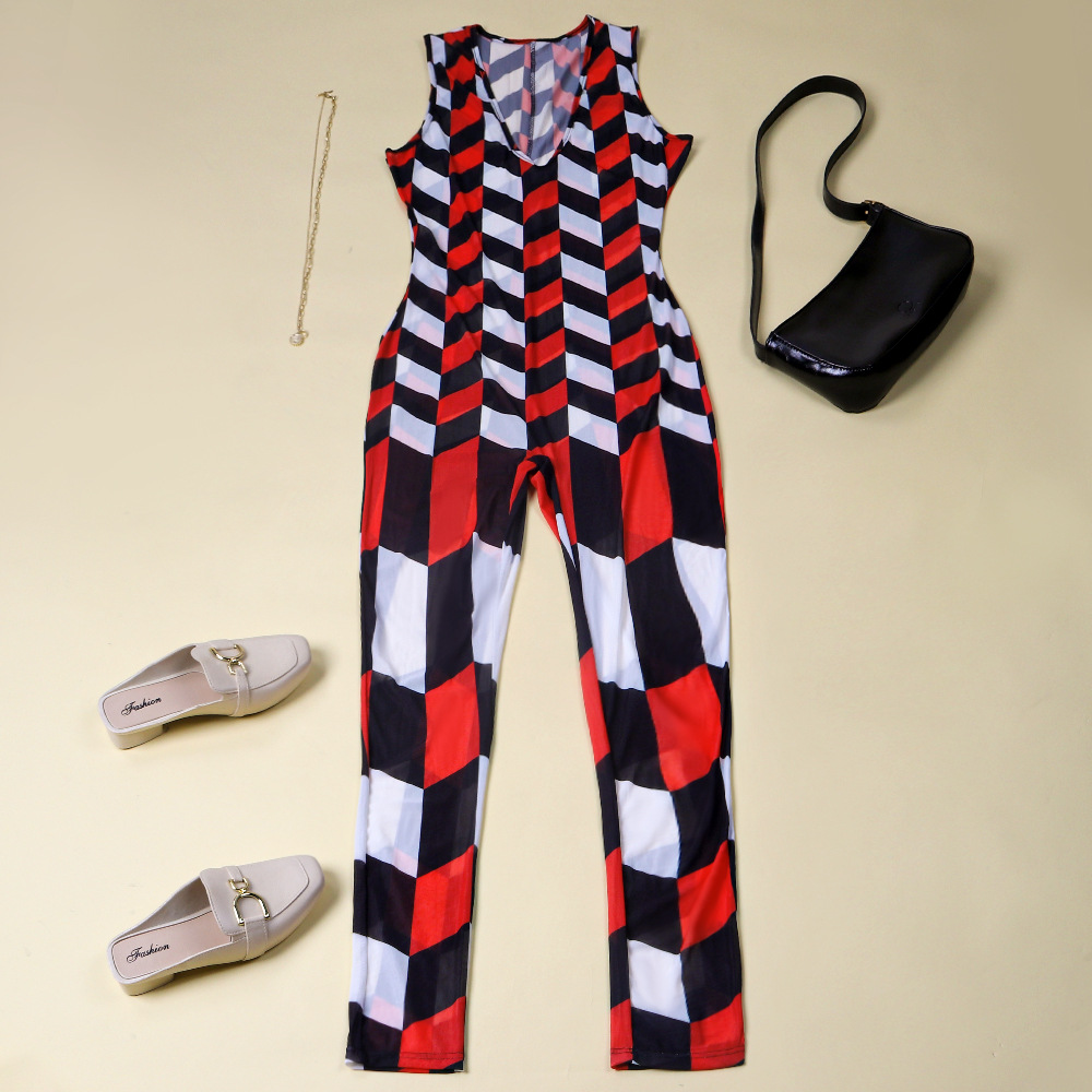 Plaid printed deep v sleeveless jumpsuit NSWNY65569