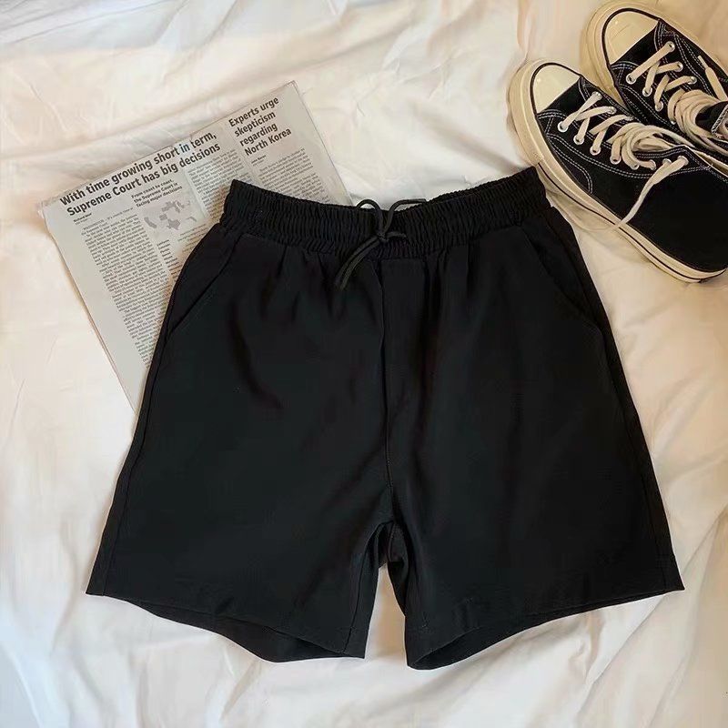 Men's Summer Wide Leg Sports Shorts Black Loose Fit Casual Polyester Teenager Couple Mid Waist Baggy Pants Drawstring_voghion.com