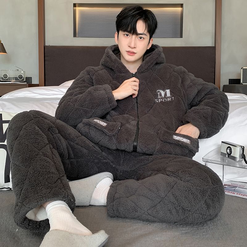 Men's Pajamas Winter Coral Velvet Thickened Fleece-Lined Three-Layer Quilted Jacket Autumn and Winter Warm Flannel Home Wear Set