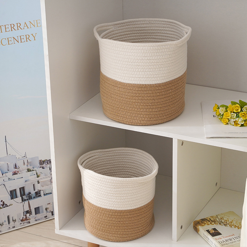 麻绳收纳篓两色拼接 现代家居多功能收纳筐 家居圆桶形收纳筐