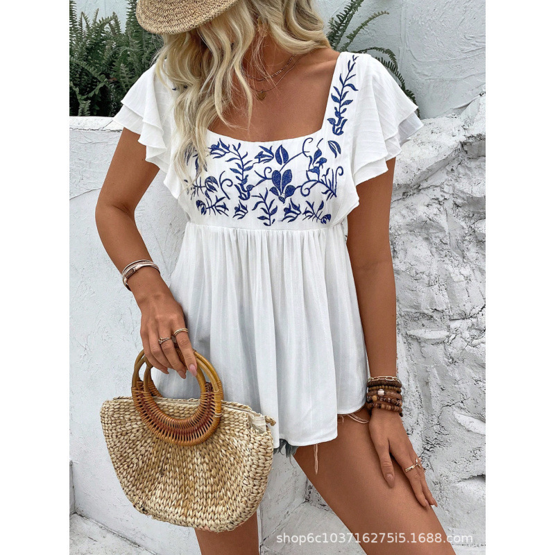 Xibo Women's Lace Square Collar Short-Sleeved European and American 2025 New Embroidered Shirt Spring and Summer Cool and Casual