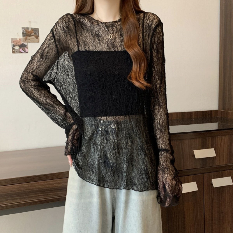 Black Thin Slightly See-Through Lace Shirt Long-Sleeved T-Shirt for Women 2025 Summer Large Size Fat mm Mid-Length Outer Blouse Top