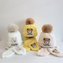 大毛球Lucky熊嬰兒帽子秋冬季毛絨帽寶寶帽子圍巾一體兩件套保暖