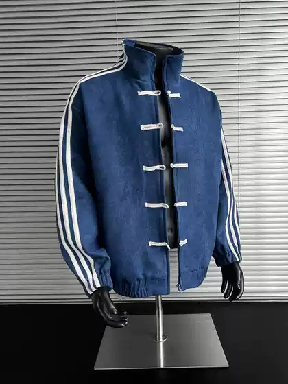 Spring/Fall New Arrival Men's Stand Collar Jacket with Blue-White Striped Panels and Chinese Knot Buttons - Trendy Neo-Chinese Tang Suit Top