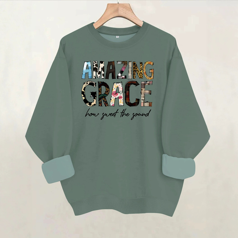 Amazon cross-border round-neck sweatshirt for women, autumn/winter collection, featuring a "Miracle of Grace" print, casual and loose fit, with fleece lining Amazon cross-border round-neck sweatshirt for women, autumn/winter collection, featuring a "Miracle of Grace" print, casual and loose fit, with fleece lining