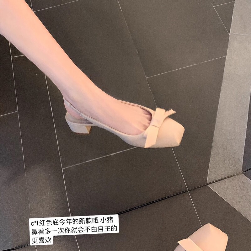 スポット赤底女の子〜豚鼻ラムスキン太いヒールリボンバレエシューズレディースサンダル|undefined