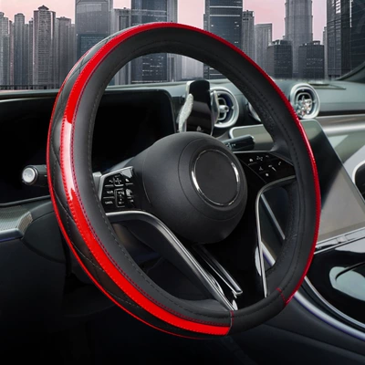 New Car Steering Wheel Cover, Leather Quilted Embroidery Stitching, Universal for All Seasons, Cross-Border Hot-Selling Interior Steering Wheel Protective Cover (Steering wheel cover) - red-38cm