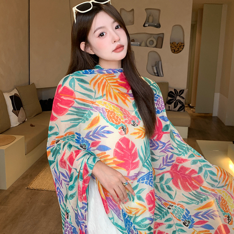 女性用夏の日焼け止め薄いショール、カラフルなストライプのボタン付きエスニックスタイルの旅行着用シルクスカーフ、海辺のビーチガーゼスカーフ|undefined