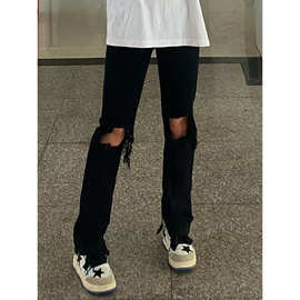 高街破洞膝盖牛仔裤女春季黑色拉链开叉显瘦直筒小脚裤子