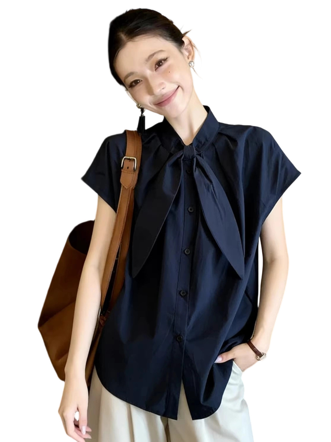 Áo sơ mi ngắn tay cổ đứng thiết kế kiểu Pháp dây rút cho nữ size lớn — Xanh lông mòng đen