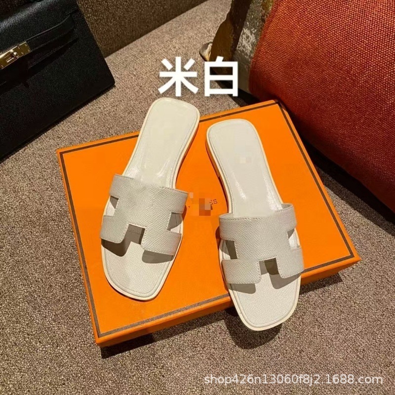 外贸经典款H家拖鞋女夏季高版本休闲一字型羊皮平底拖鞋批出货快|undefined