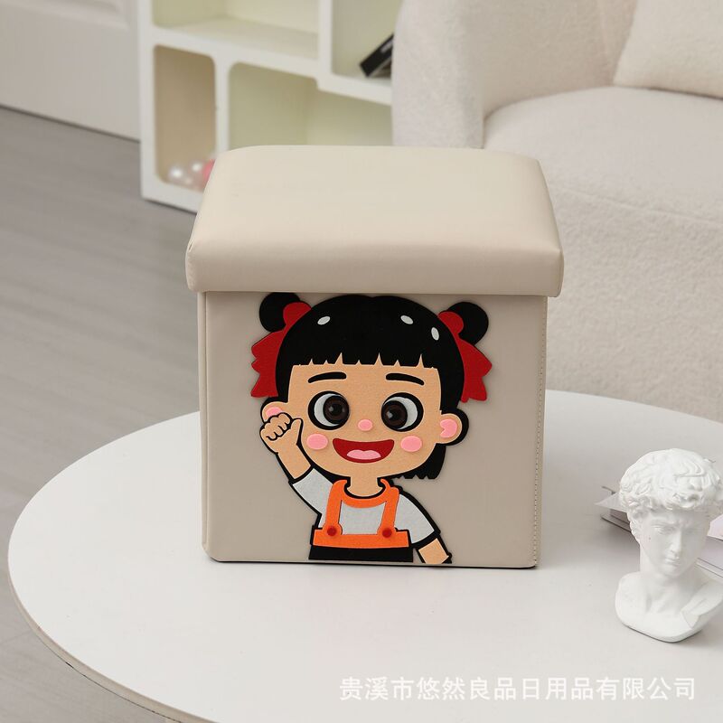 新しいパッチ刺繍収納スツール、蓋付き大型収納ボックス、小型スツール、折りたたみ式靴交換スツール、収納ボックス、防塵収納|undefined