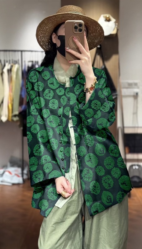 南油秋季新中式独特提花复古上衣温柔精致圆领简约大气唐装外套女|undefined