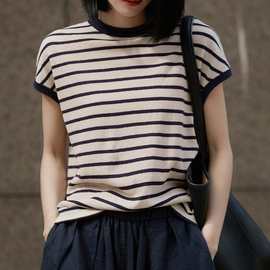 优雅法式亚麻+棉经典2025春秋季条纹棉麻针织T恤包肩袖圆领上衣女