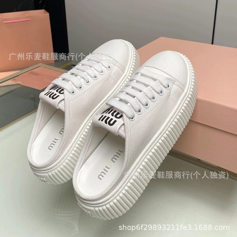 高品质~miu家新款厚底饼干帆布板鞋懒人一脚蹬休闲后空半拖小白鞋|undefined