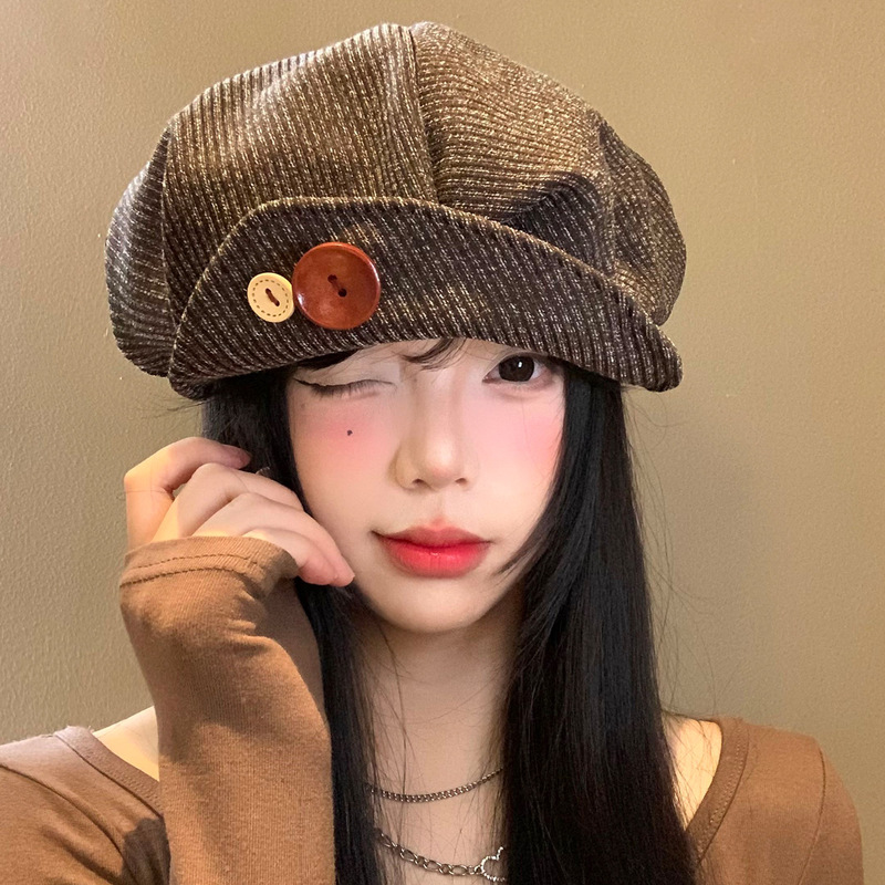 灯芯绒纽扣翻檐贝雷帽女春秋季美拉德大头围八角帽显脸小画家帽子|undefined