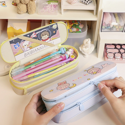 Back-to-school season double-layer pencil case large capacity simple canvas Japanese style ins girl primary school student cute stationery pencil case