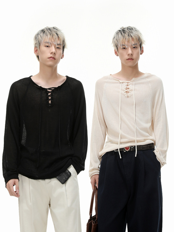 MTLCLOTHES男装|法式复古气质薄款纯欲绑带微透松弛感长袖针织衫|undefined