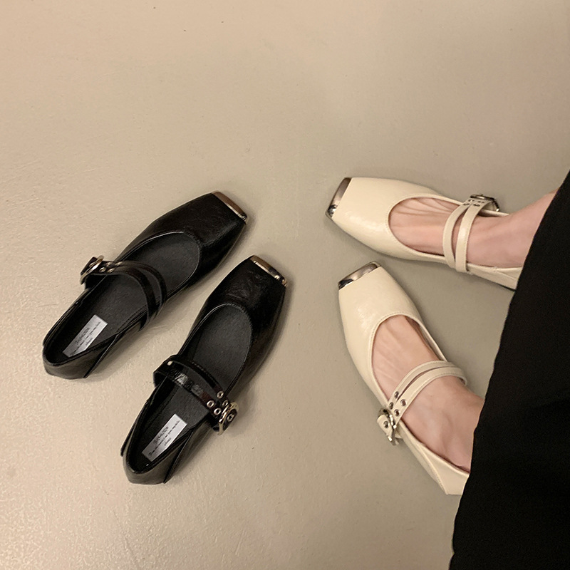 French Style Metal Square Toe Shallow Mouth Single For Women 2025 Spring New Retro One-Strap Mary Jane Soft Sole Small_vogvips.com
