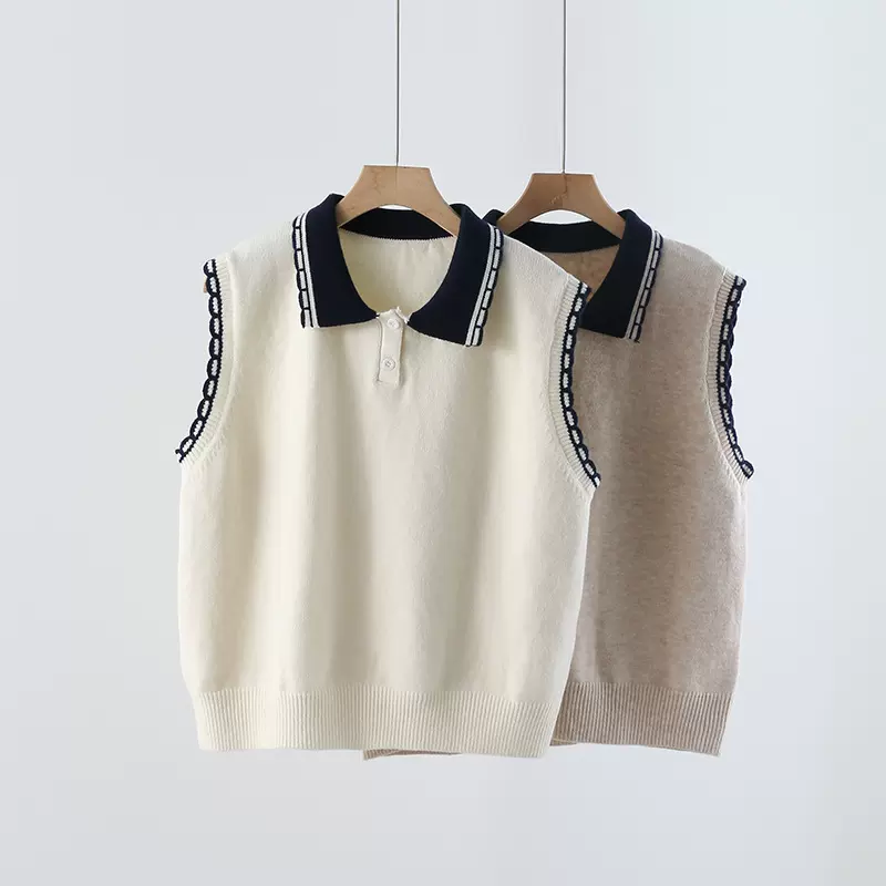 秋装新款韩系花边翻领休闲宽松无袖上衣女士针织马甲背心polo衫