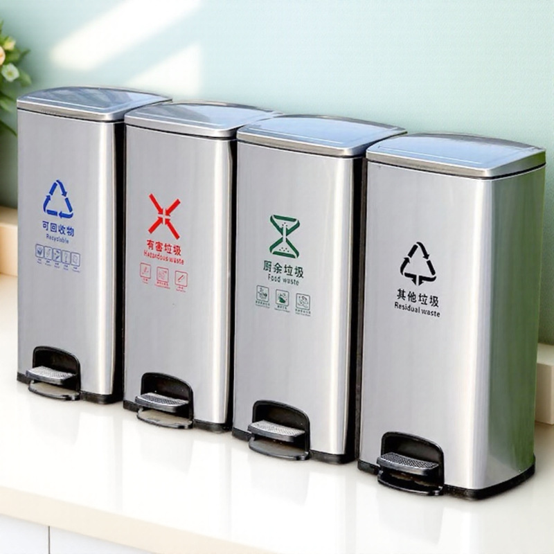 ステンレス製足踏み式ゴミ箱 業務用 蓋付き 屋内医療用キッチン ダブルバケツ 3・4分類衛生バケツ 縦型|undefined