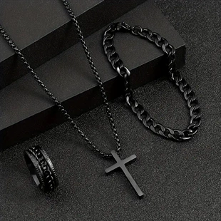 Комплект ювелирных изделий Cross, унисекс, ожерелье из титаново-стального сплава 60 см, браслет 22 см, кольцо Ø 2 см