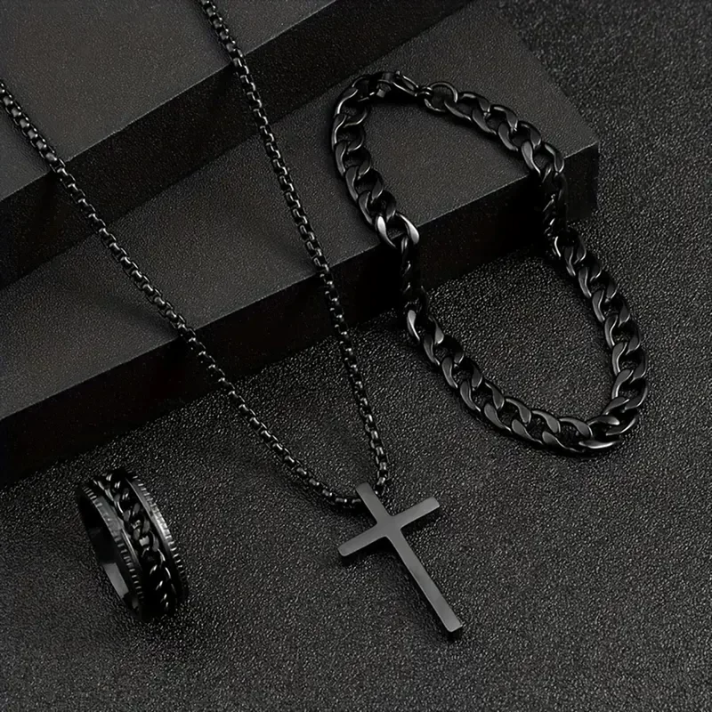 Комплект ювелирных изделий Cross, унисекс, ожерелье из титаново-стального сплава 60 см, браслет 22 см, кольцо Ø 2 см