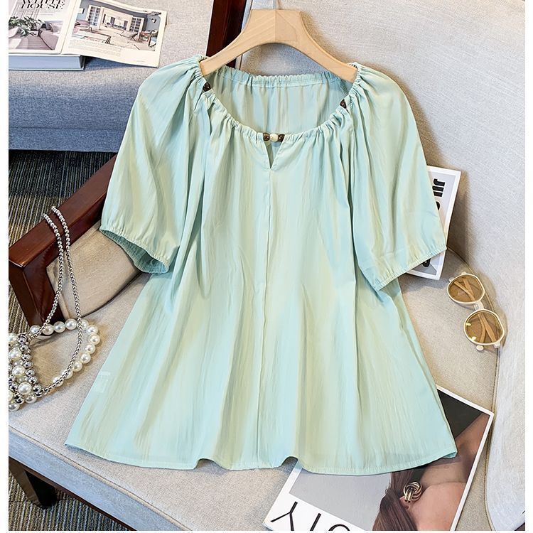 French-Style Bubble Shirt with Beading to Cover Belly, Slimming Summer New Loose Design Maternity Top Shirt