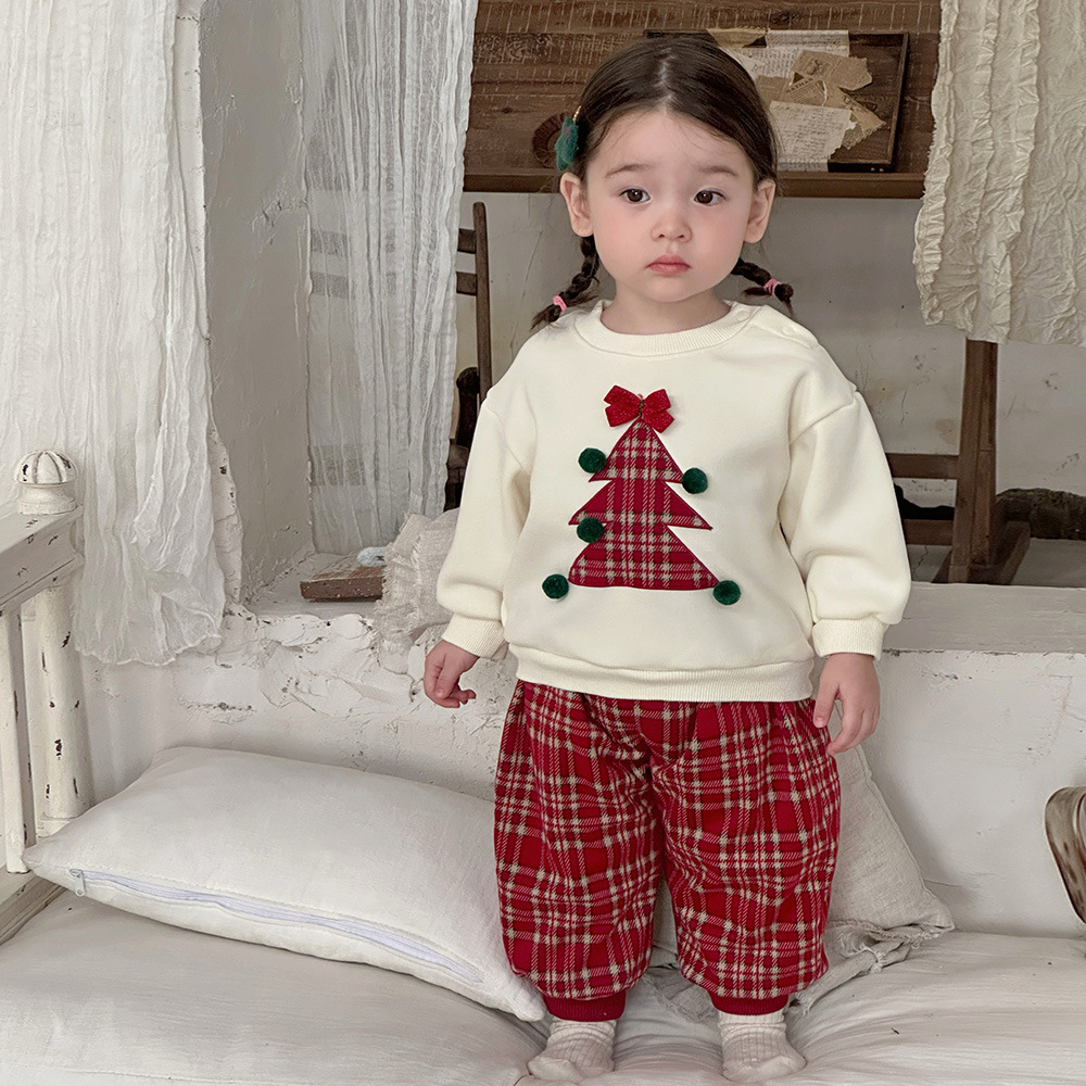 Ropa para niños coreanos, niñas, traje rojo navideño, otoño e invierno, suéter y pantalón de dos piezas para bebés de 1 a 3 años
