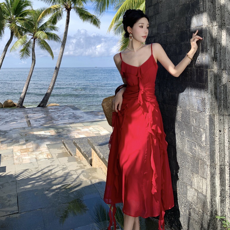 French Retro Sling dress Women's Red Long Dress Engagement Dress Wedding Dress Dress Dress Tight Waist Slimming Lotus Leaf Dress