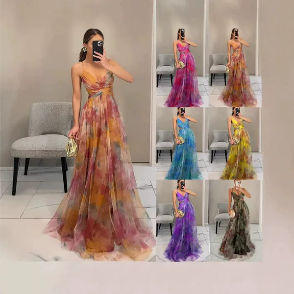 2026 Women's European and American New Style Mesh Printed Suspender Long Dress Ins Vacation Style Sexy V-Neck Elegant Dress