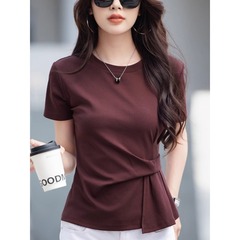女性用のスタイリッシュな半袖Tシャツ、夏用の純綿、不規則なお腹カバー、少し太くてスリムなデザインのニッチトップA3938