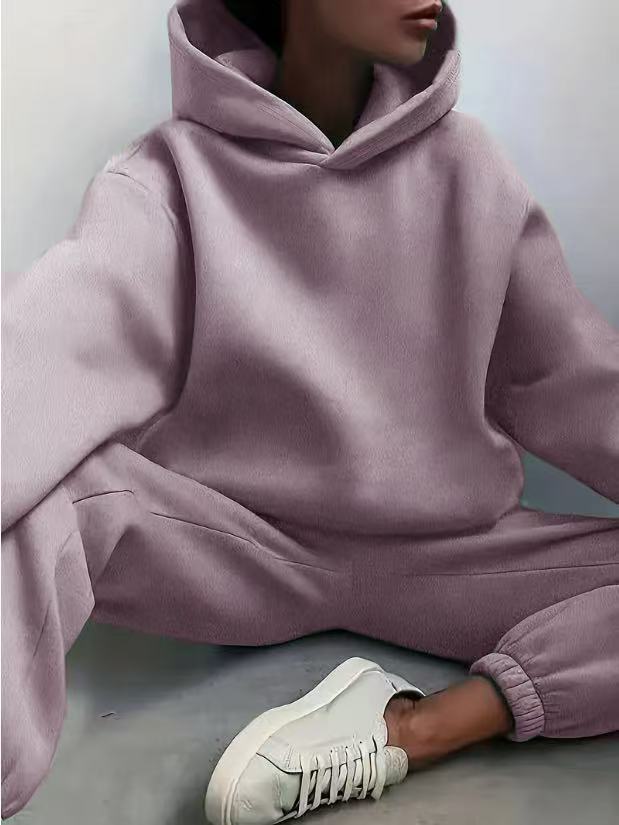European and American Style Casual Comfortable Home Loose Jogging Hooded Knit Sweatshirt and Sweatpants Two-Piece Women's Set
