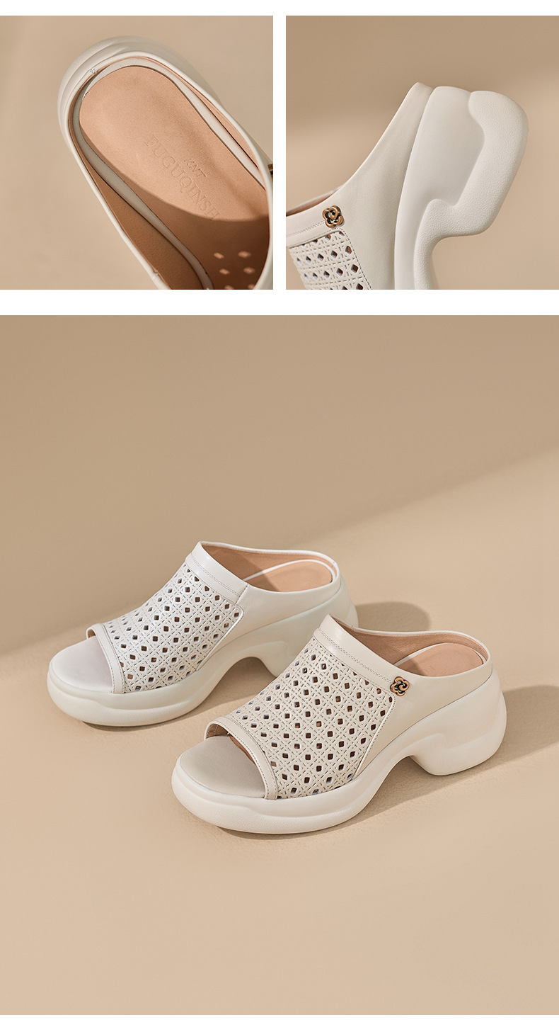 Dép sandal nữ da bò đục lỗ đế bánh xốp dày gót cao nhẹ — màu trắng ngà chi tiết 9