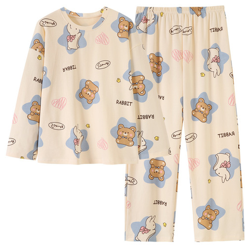 Cotton pyjamas for women, suitable for spring and autumn, long sleeves, long pants, cute cartoon style for girls, round neck, turtleneck, can be worn outside, home wear set