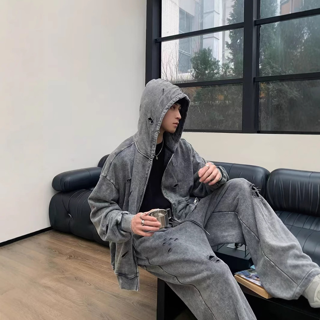 Amazon nuevo agujero sudadera con capuz hombre lavado con agua pesado suelto versátil pareja retro la misma camisa de moda