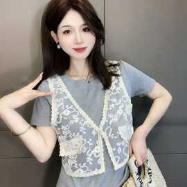 2026夏季新款大码女装蕾丝马甲女 拼色两件套短袖T恤套装女