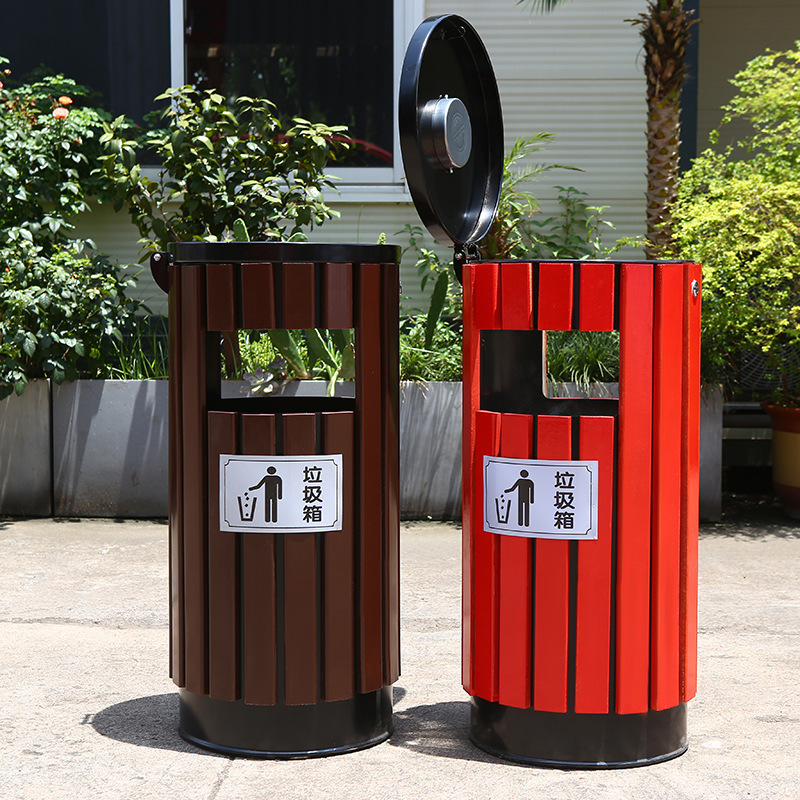 钢木单桶垃圾箱不锈钢公共环卫果皮箱公园景区带烟灰缸垃圾桶单筒