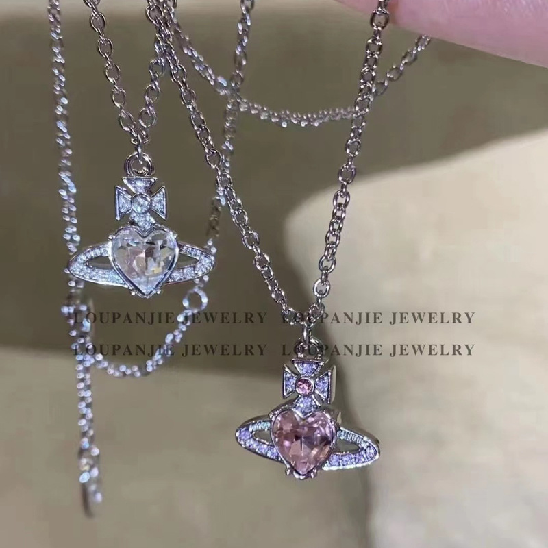 Summer Night Style Planet Vivian Accessible Luxury Sparkling Diamond Big Heart Zircon Saturn Necklace Rhinestone Clavicle Chain