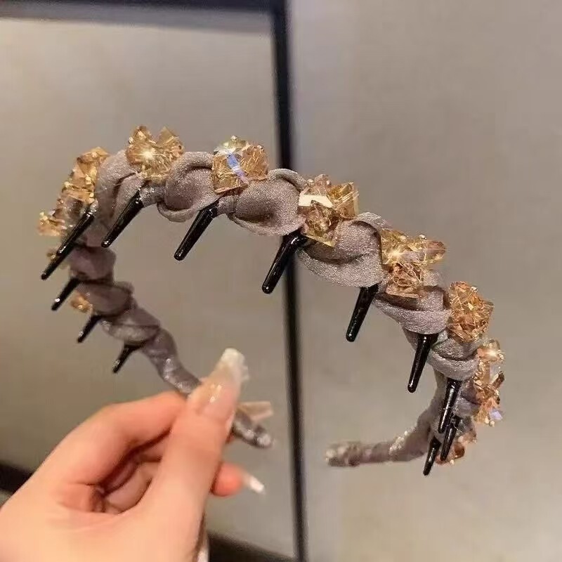 軽奢風新作ラインストーンウェーブネットレッドヘアバンド滑り止めヘアピンおしゃれで上品なヘアフープ歯付きヘアブラシで髪を整えるレインボー|undefined
