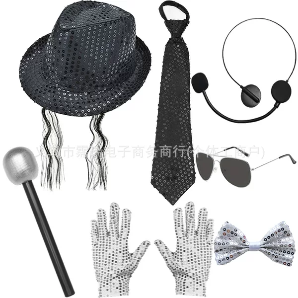 Halloween Party Stage Performance Sequin Hat Tie Gloves Disco Costume Accessories Set Wholesale in Stock