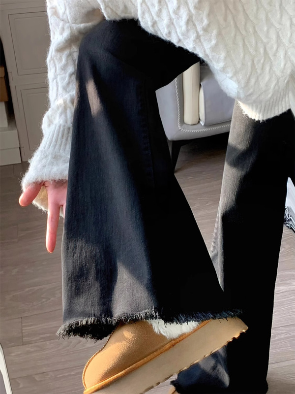 大码黑色毛边微喇牛仔裤女春秋新款胖mm大码弹力显瘦宽松喇叭裤子|undefined