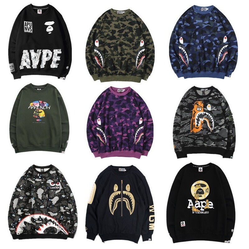 2025 Cross-Border Hot-Selling Japanese Style Trendy Brand Bape Shark Head Long-Sleeved Couple Sweatshirt 3D Digital Printing Round Neck Sweatshirt