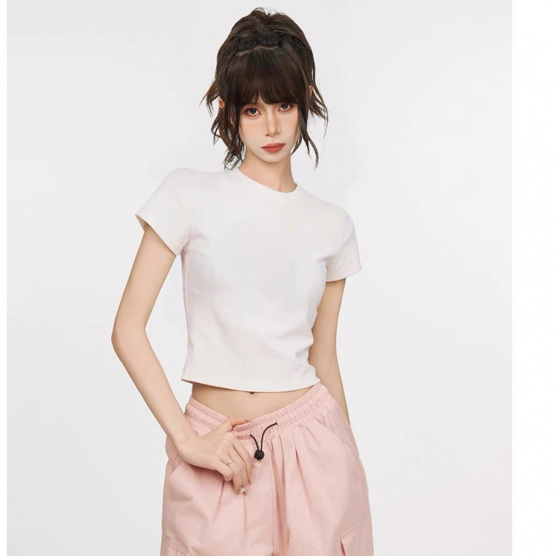 White Short Shoulder Short-sleeved T-shirt Women's Summer Slim-fit Inner Base Shirt High Waist Navel Hot Girl Top Early Spring